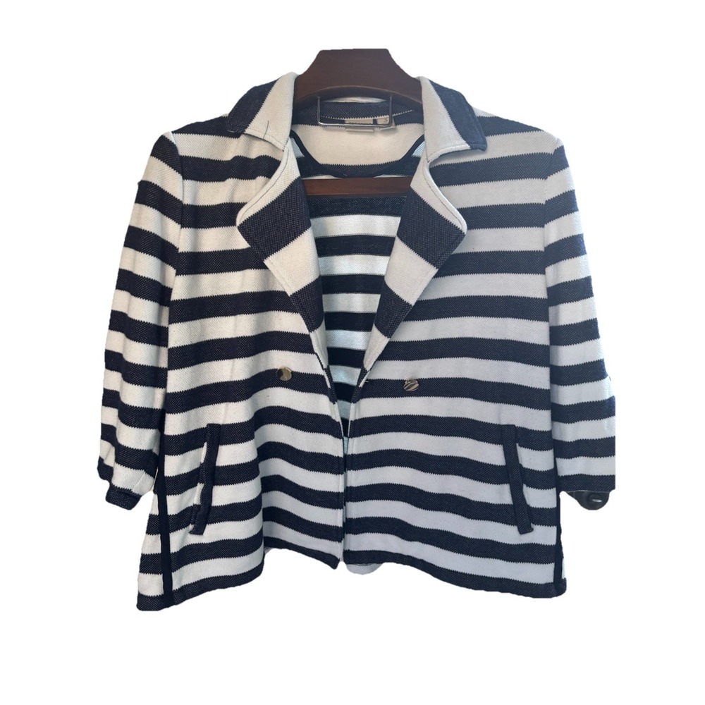 Chico's 3 XL White with Blue Striped‎ Single Breasted One ButtonUp Blazer Gold